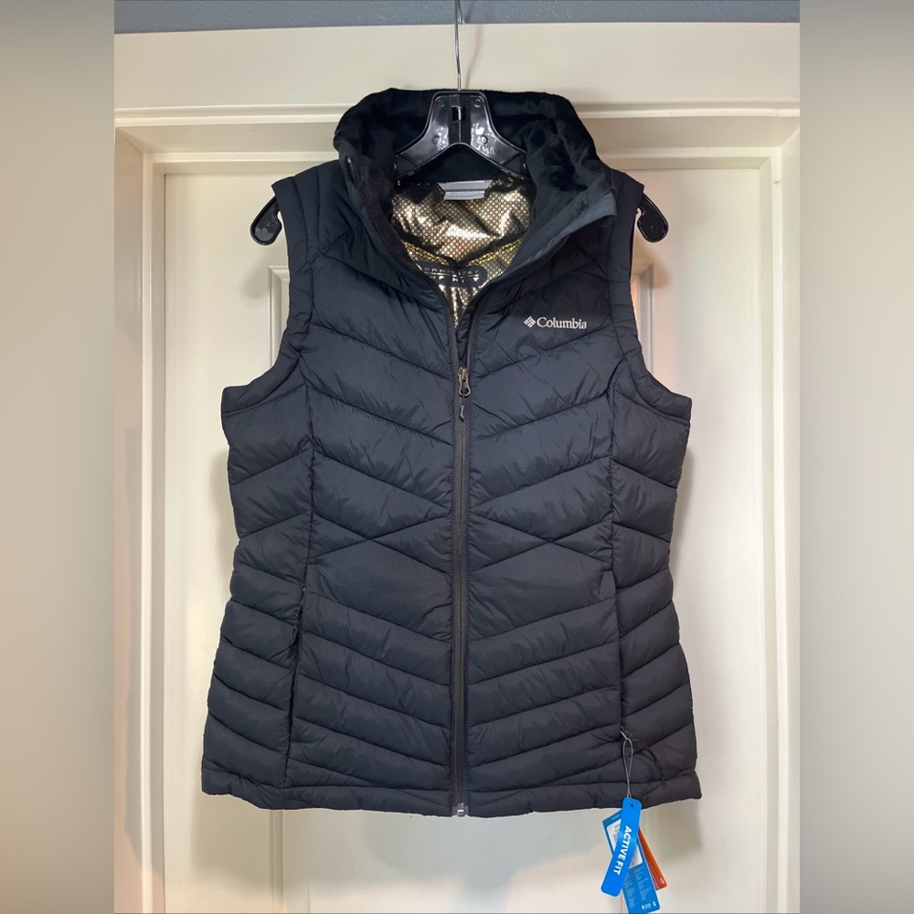 Womens Medium Columbia Joy Peak II Vest Black Puffer Insulated Gold Infinity